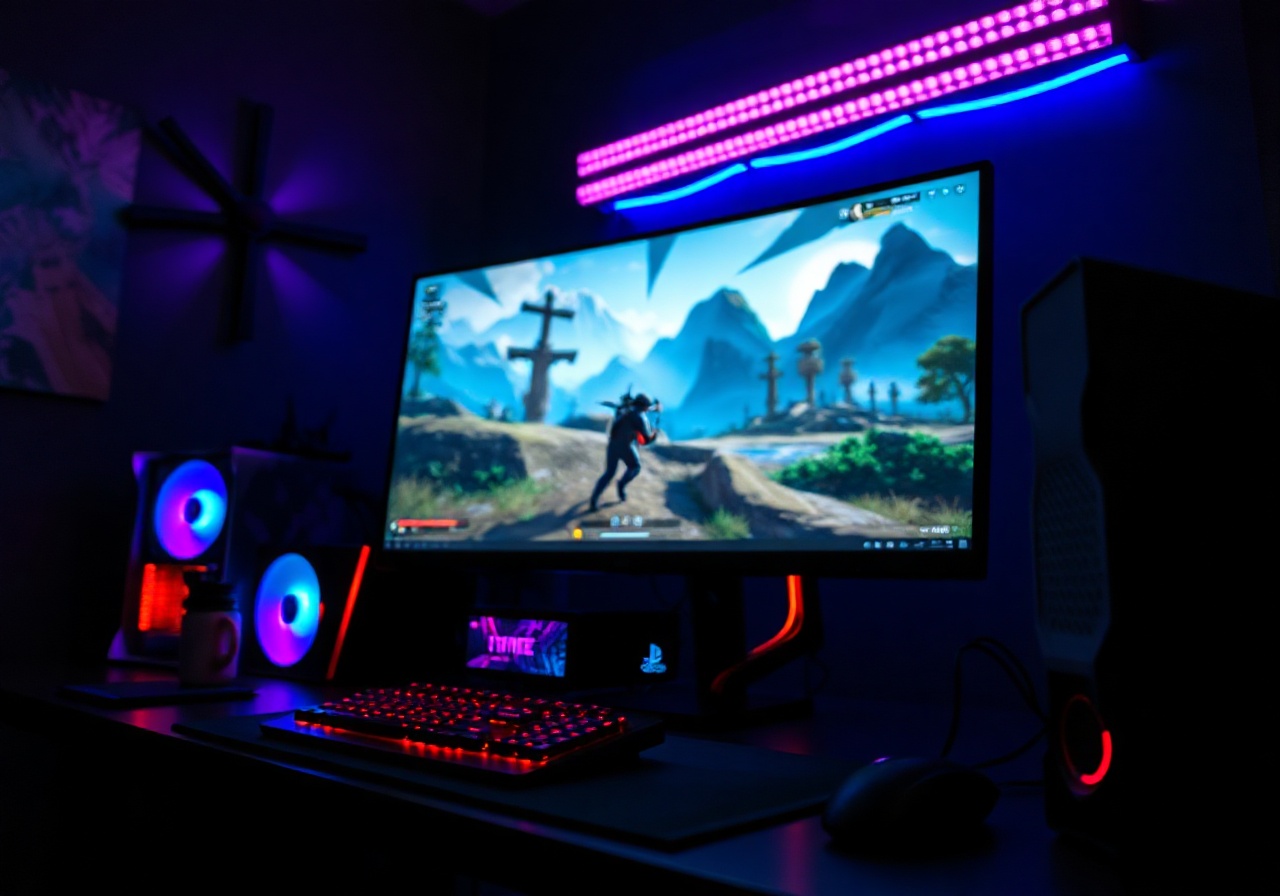 NexusPlay pre-installed on a custom-built gaming rig with RGB lighting and a triple-monitor setup